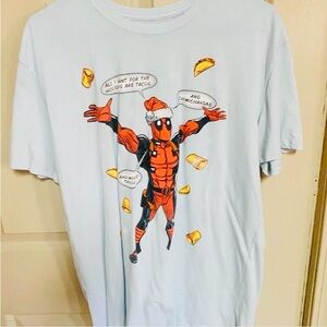 Marvel Light Blue Xmas Deadpool Tee with Red and Yellow Accents